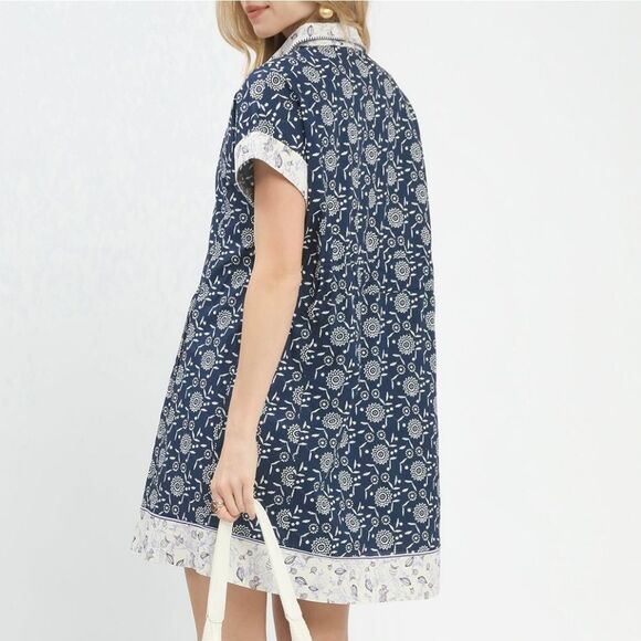 Umgee Border Print Belted Shirt Dress | 100% Cotton Polo Mini Dress sz Small - Picture 4 of 7